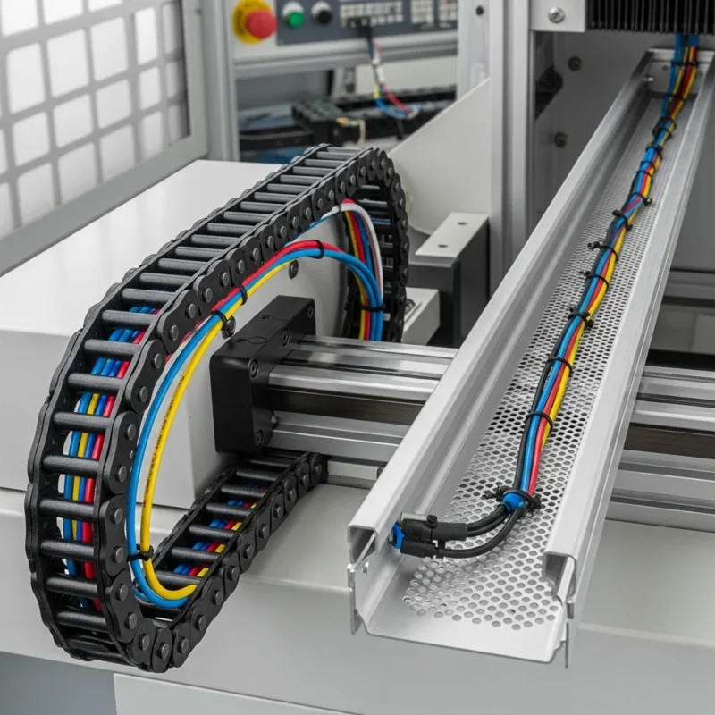 Hình ảnh So sánh xích dẫn cáp nhựa và máng kim loại cho máy khắc