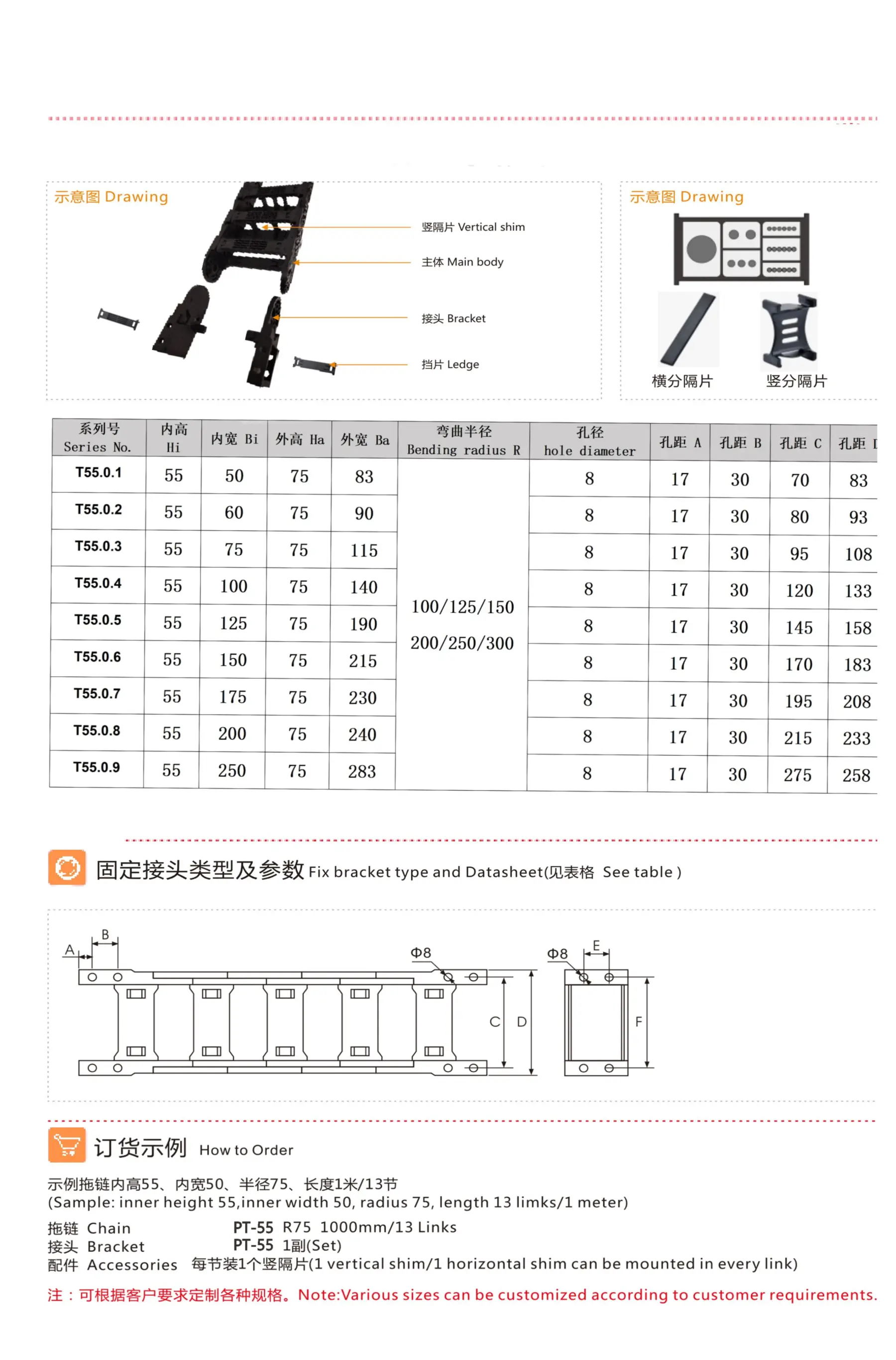 Tài liệu PDF PT-55 trang 2: drawing, bảng thông số, đầu nối và cách đặt hàng